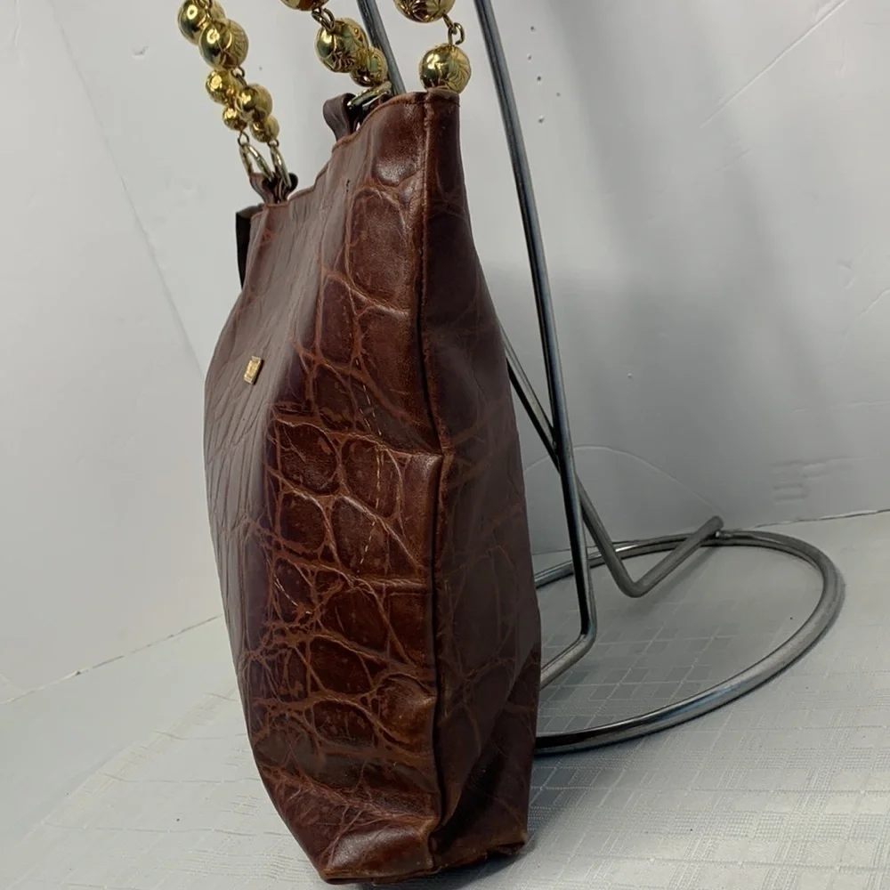 MOSCHINO CROC EMBOSSED LEATHER WITH GOLD TONE BEADS AND LEATHER HYBRID STRAPS